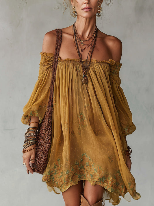 Mini Vestido Amarillo de Gasa Floral con Hombros Descubiertos