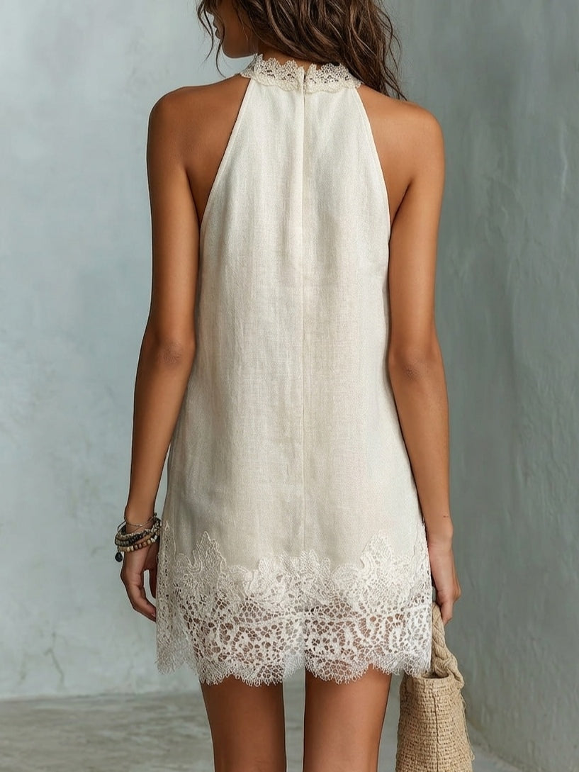 Mini Vestido Chic con Cuello Halter Blanco Roto