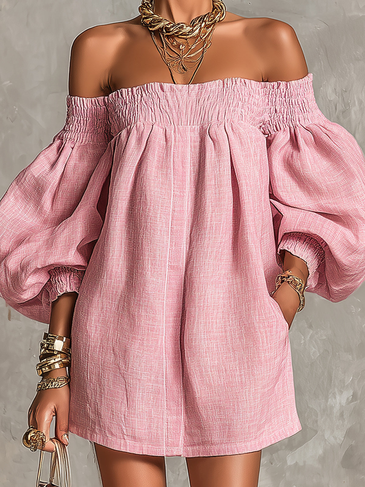 Mini Vestido en Línea A Holgado con Mangas Farol y Hombros Descubiertos Rosa