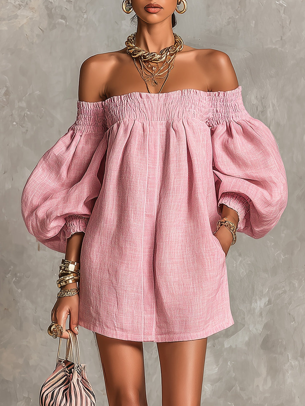 Mini Vestido en Línea A Holgado con Mangas Farol y Hombros Descubiertos Rosa