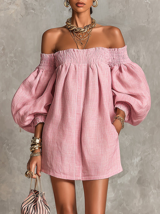 Mini Vestido en Línea A Holgado con Mangas Farol y Hombros Descubiertos Rosa