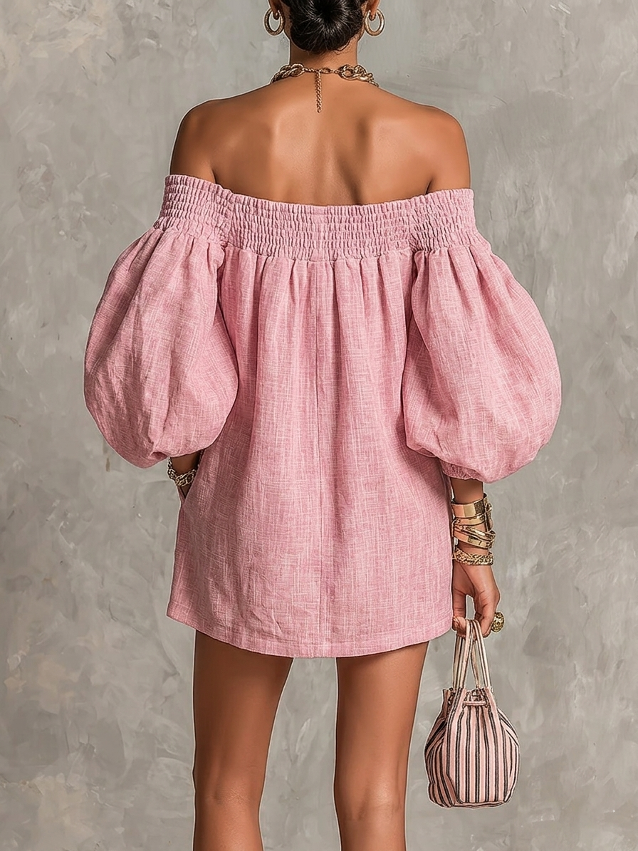 Mini Vestido en Línea A Holgado con Mangas Farol y Hombros Descubiertos Rosa