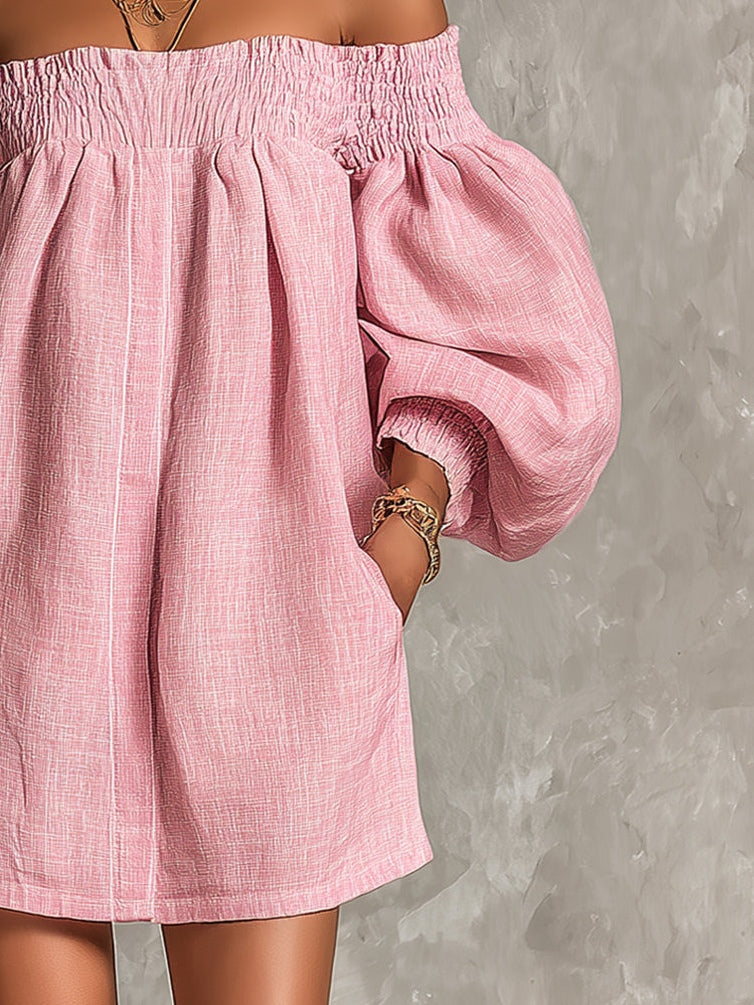 Mini Vestido en Línea A Holgado con Mangas Farol y Hombros Descubiertos Rosa