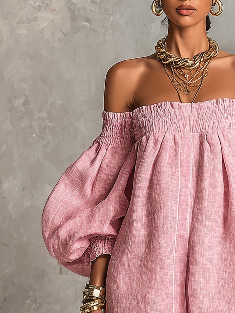 Mini Vestido en Línea A Holgado con Mangas Farol y Hombros Descubiertos Rosa