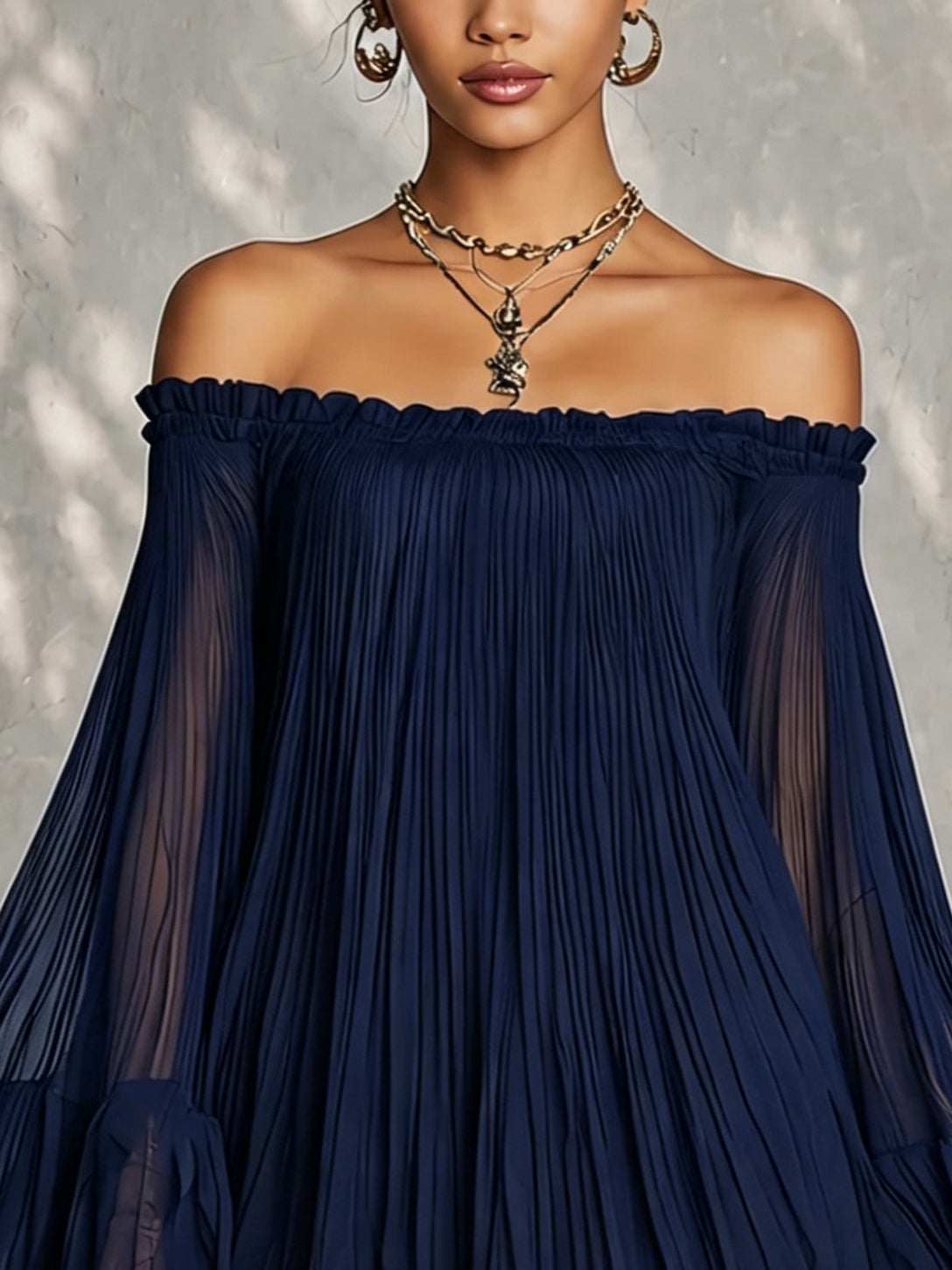 Mini Vestido con Mangas Campana con Frunces y Hombros Descubiertos