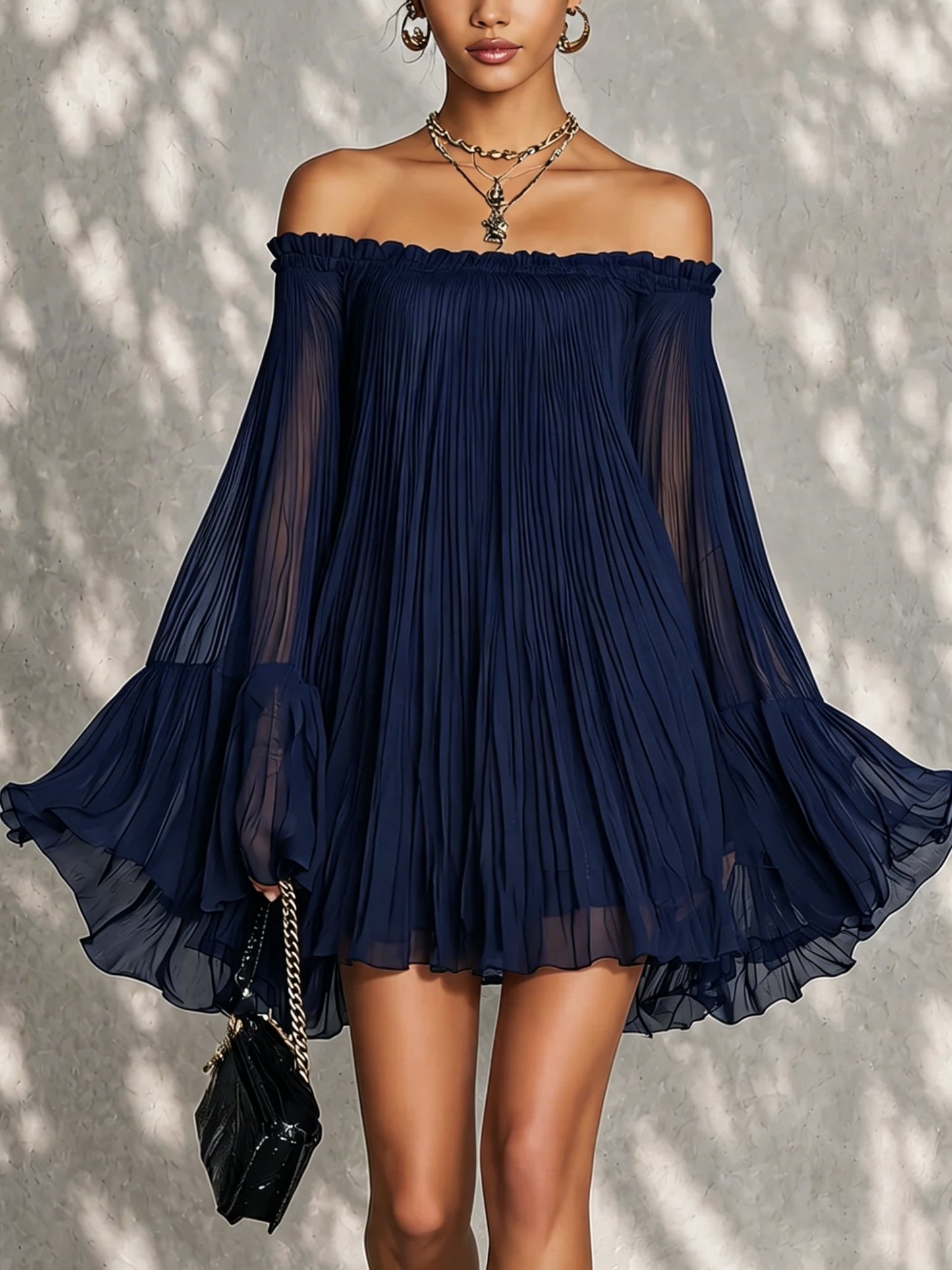 Mini Vestido con Mangas Campana con Frunces y Hombros Descubiertos