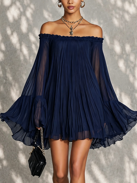 Mini Vestido con Mangas Campana con Frunces y Hombros Descubiertos