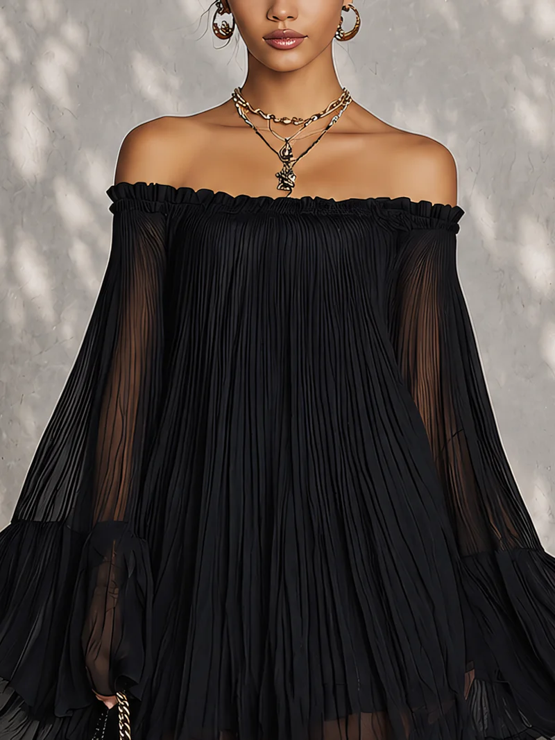 Mini Vestido Negro con Mangas Campana y Frunces