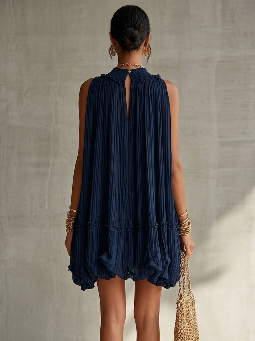 Mini Vestido de Volantes en Gasa con Cuello Halter Azul Marino