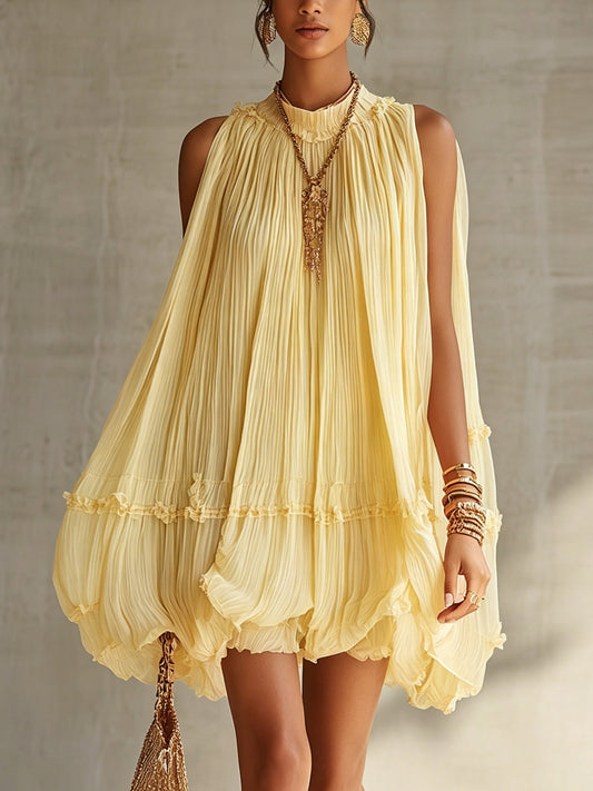 Mini Vestido de Volantes en Gasa Amarilla con Escote Halter