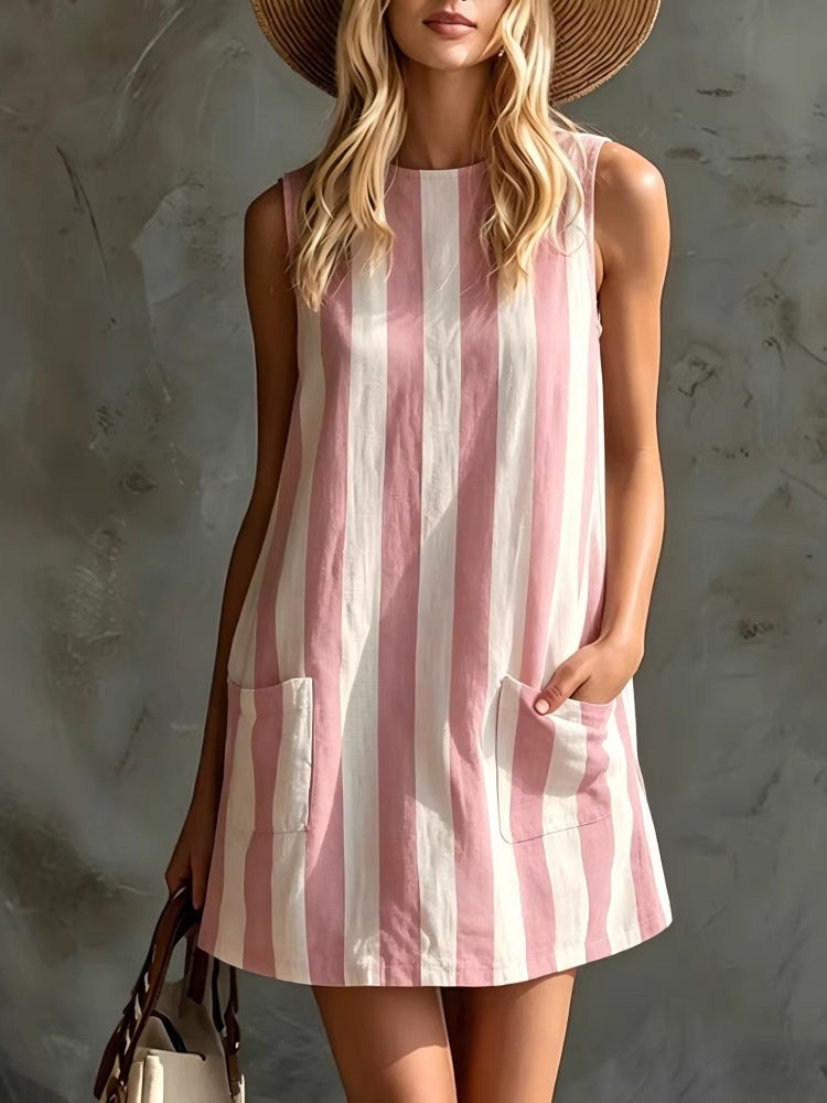 Mini Vestido Sin Mangas de Rayas con Cuello Redondo