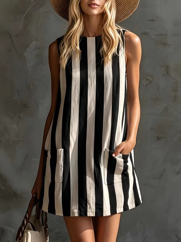 Mini Vestido Sin Mangas de Rayas con Cuello Redondo