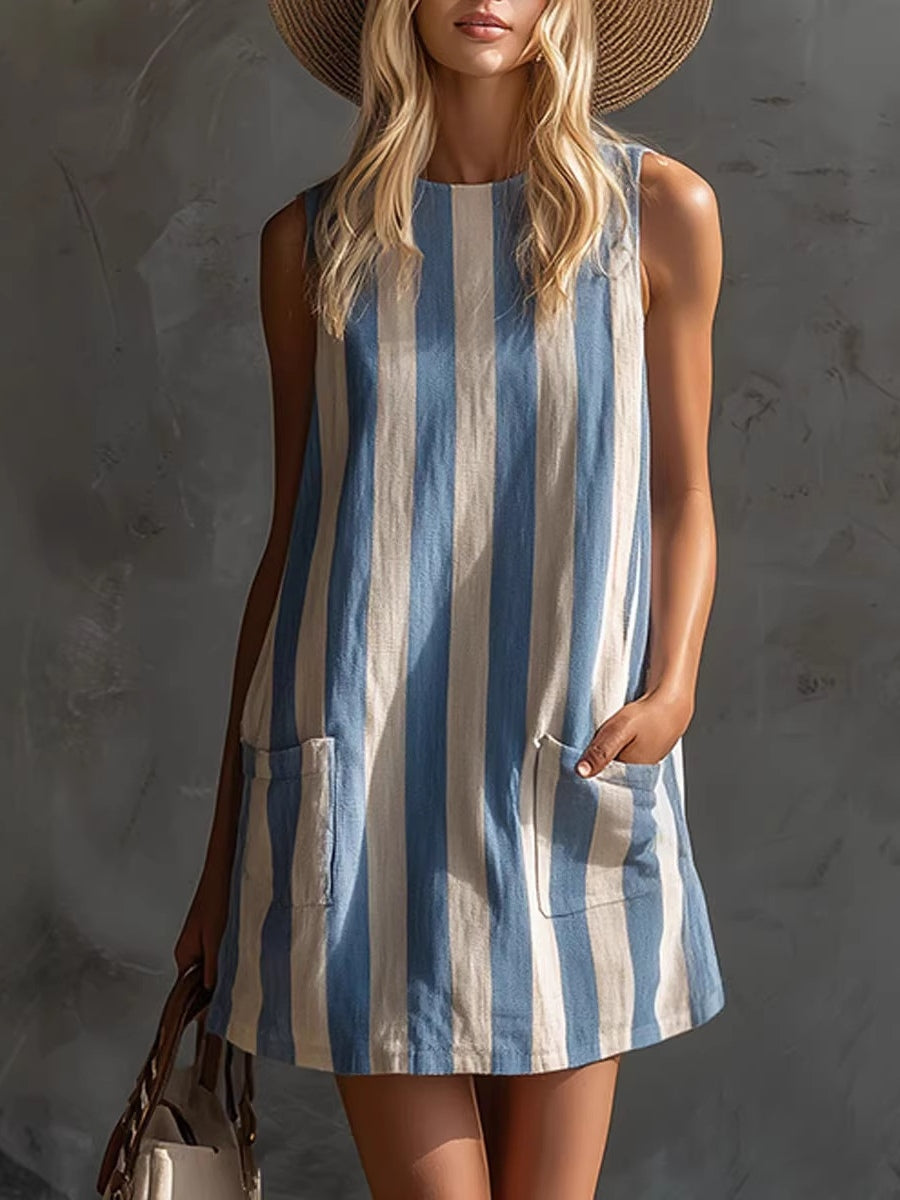 Mini Vestido Sin Mangas de Rayas con Cuello Redondo