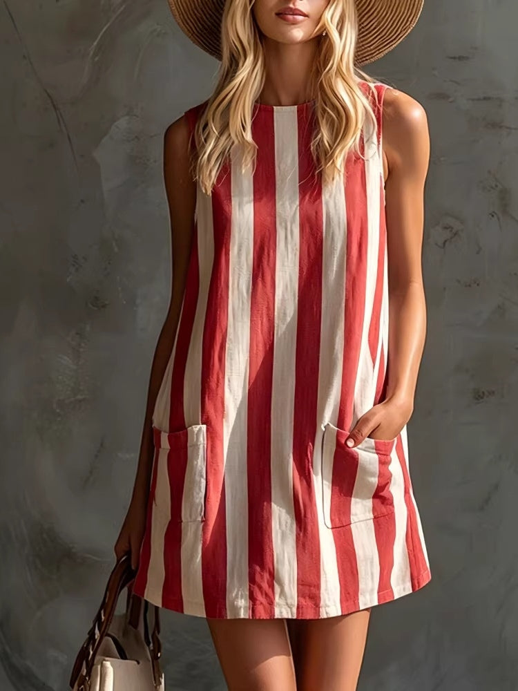 Mini Vestido Sin Mangas de Rayas con Cuello Redondo