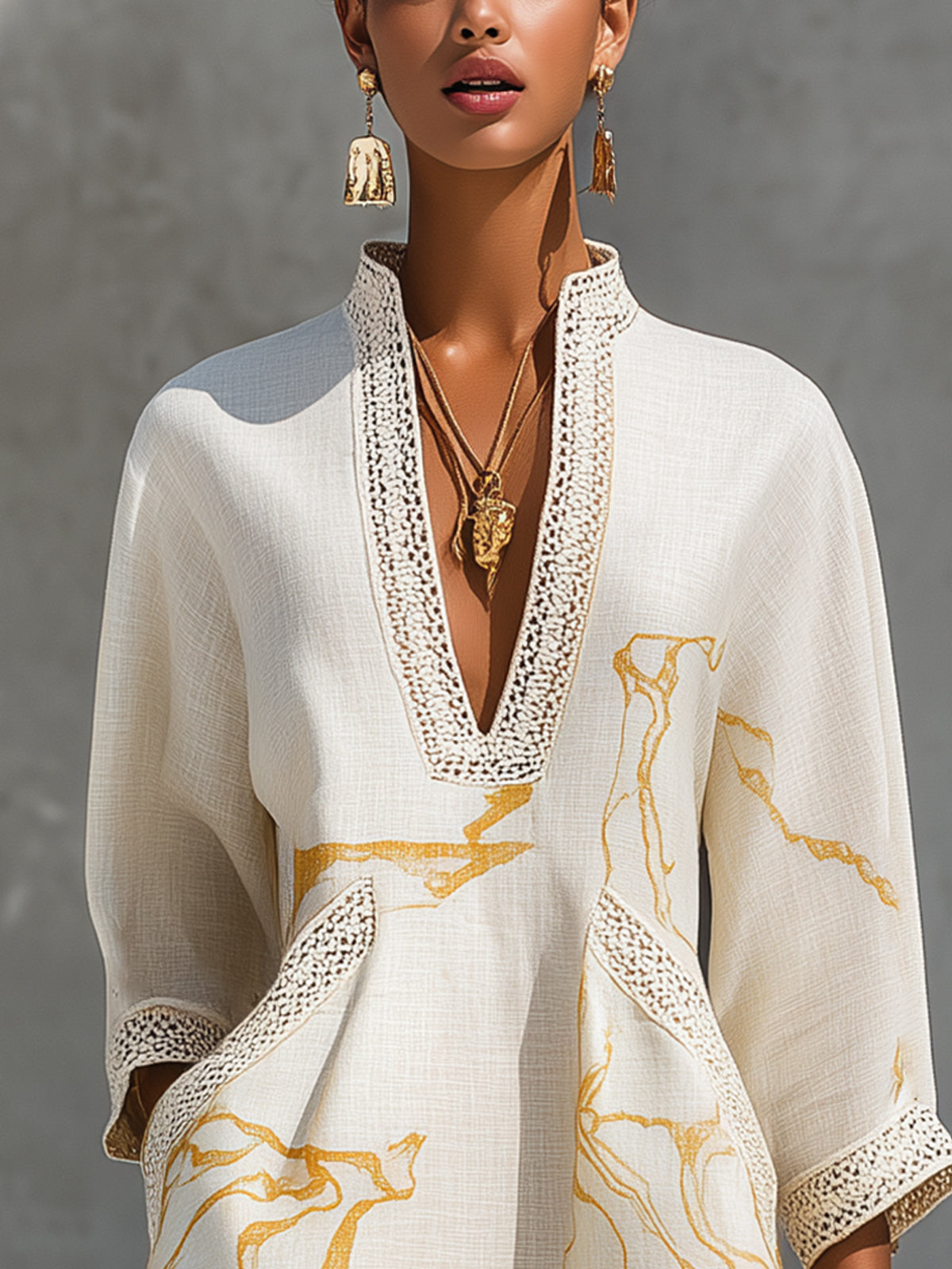 Mini Vestido de Viscosa Estampado Oro Marfil