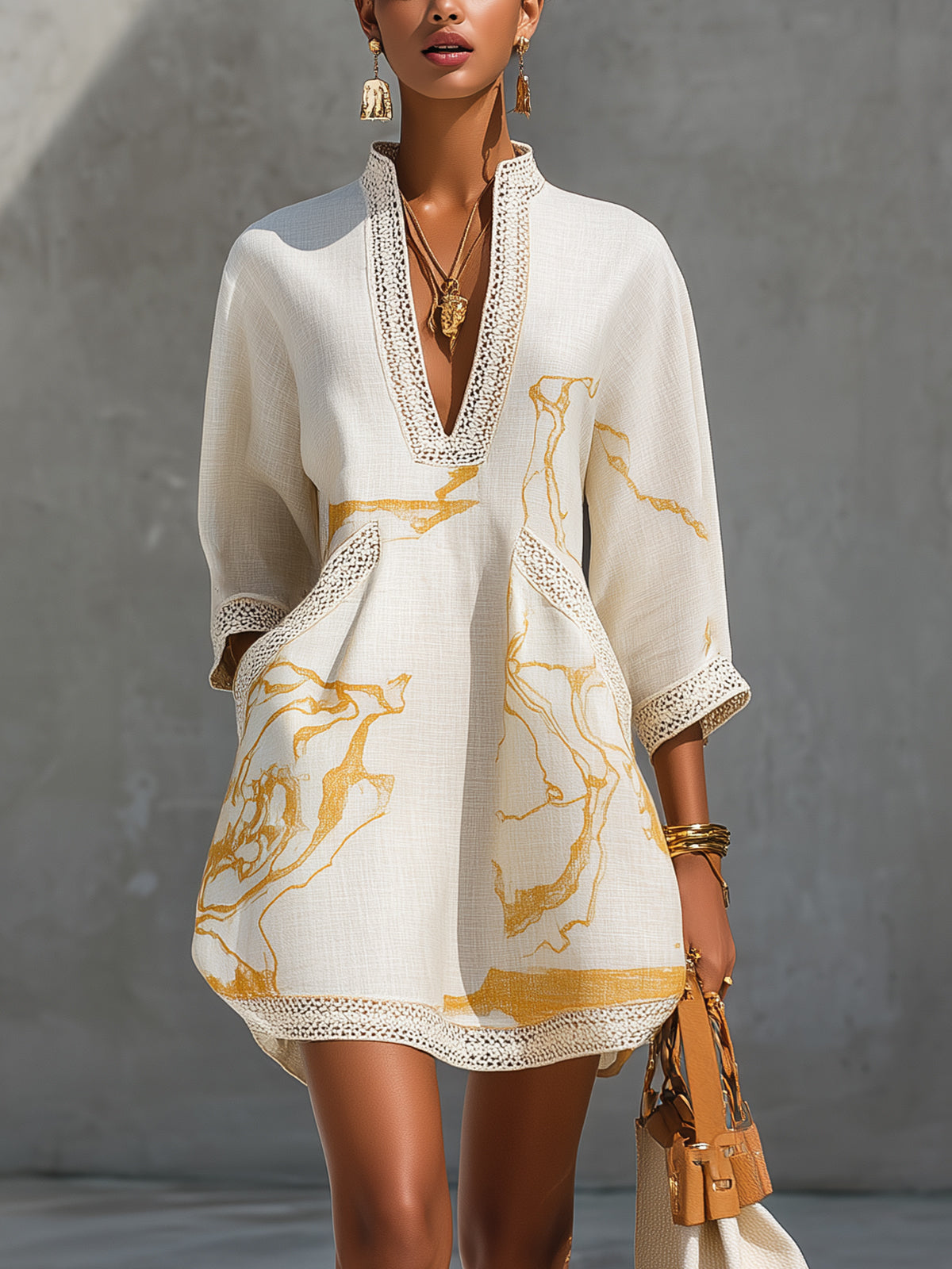 Mini Vestido de Viscosa Estampado Oro Marfil