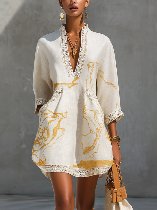 Mini Vestido de Viscosa Estampado Oro Marfil