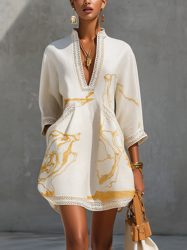 Mini Vestido de Viscosa Estampado Oro Marfil