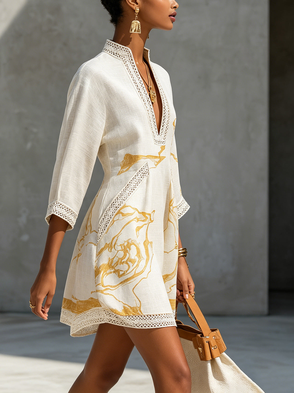 Mini Vestido de Viscosa Estampado Oro Marfil
