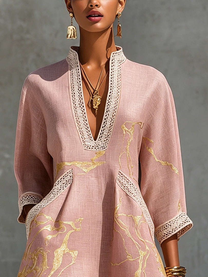 Mini Vestido con Escote en V en Oro Rosa Estampado