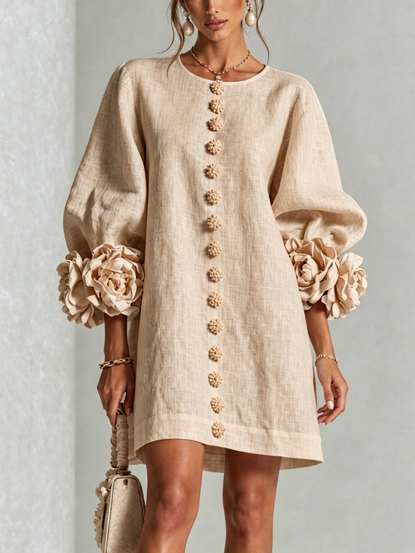 Ambra | Vestido Mini de Lino Mezclado con Puños de Rosa, Beige
