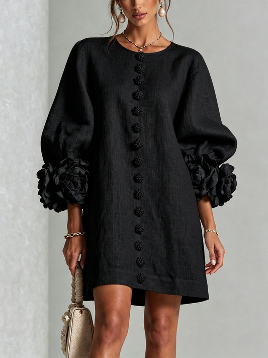 Cecilia | Vestido Mini de Lino Mezclado con Puños de Rosa, Negro