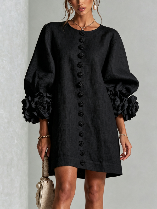 Cecilia | Vestido Mini de Lino Mezclado con Puños de Rosa, Negro
