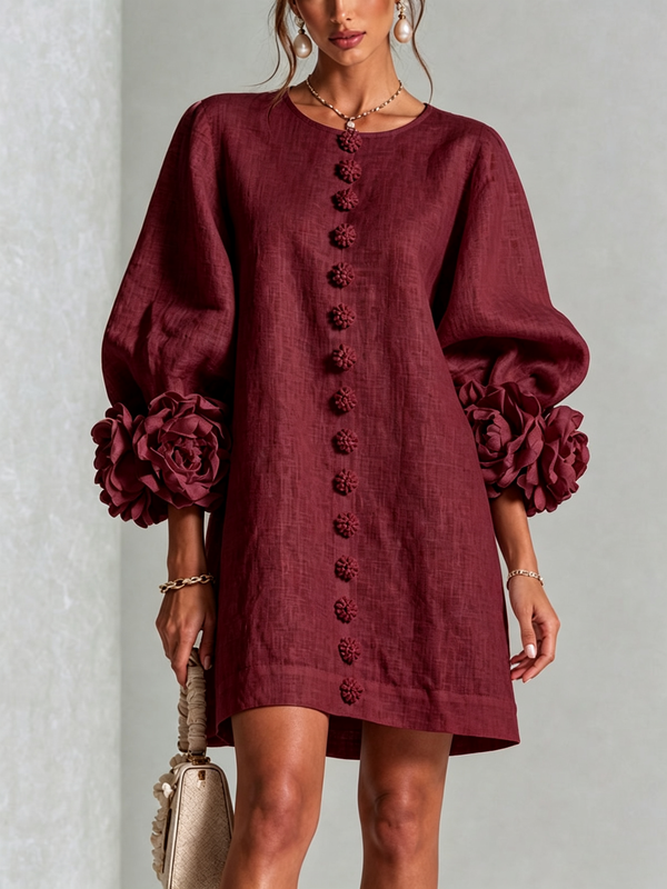 Ilaria | Vestido Mini de Lino Mezclado con Puños de Rosa, Burdeos