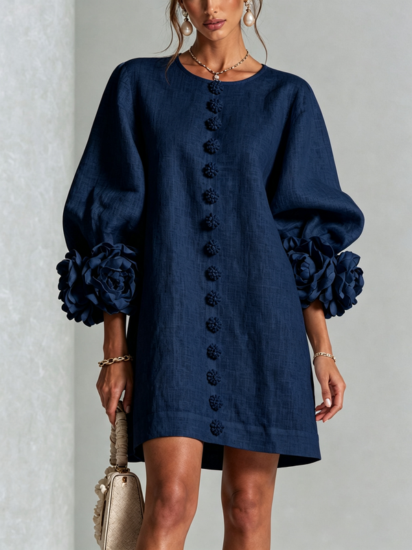 Marina | Vestido Mini de Lino Mezclado con Puños de Rosa, Azul Marino