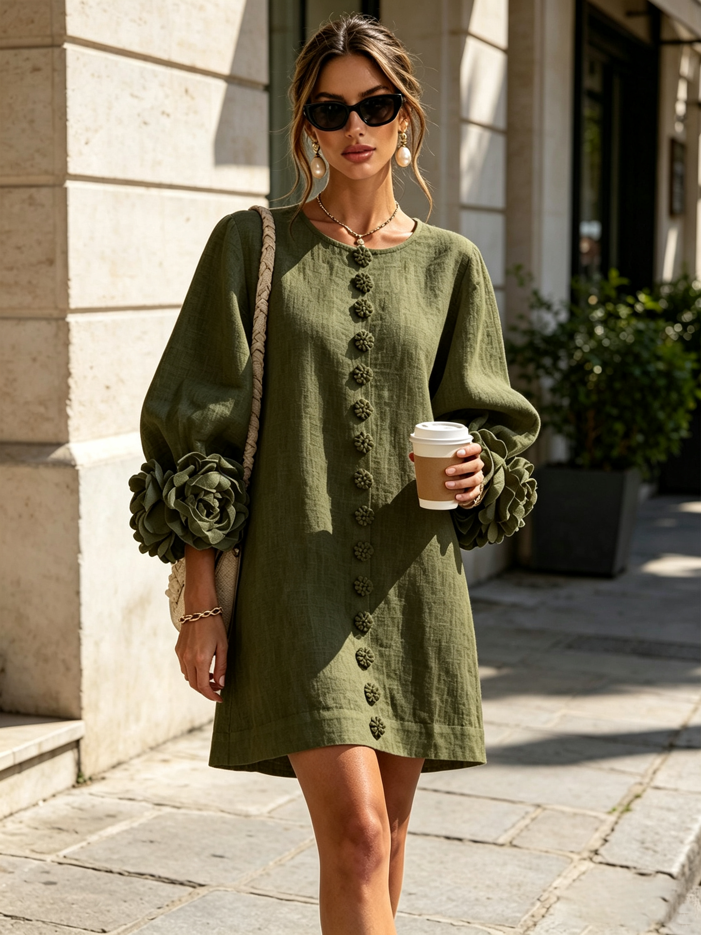 Gaia | Vestido Mini de Lino Mezclado con Puños de Rosa, Verde Oliva