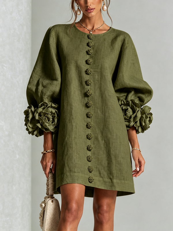 Gaia | Vestido Mini de Lino Mezclado con Puños de Rosa, Verde Oliva