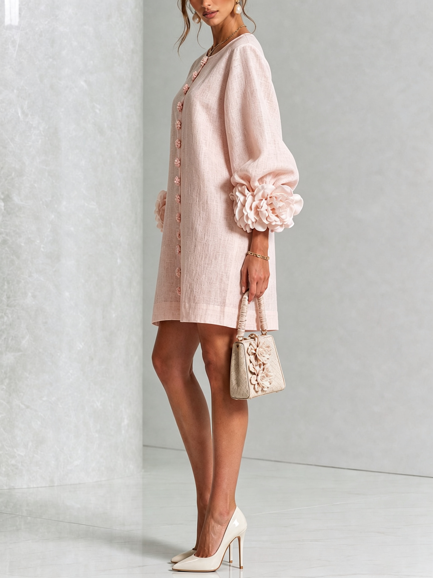 Noemi | Vestido Mini de Lino Mezclado con Puños de Rosa, Rosa
