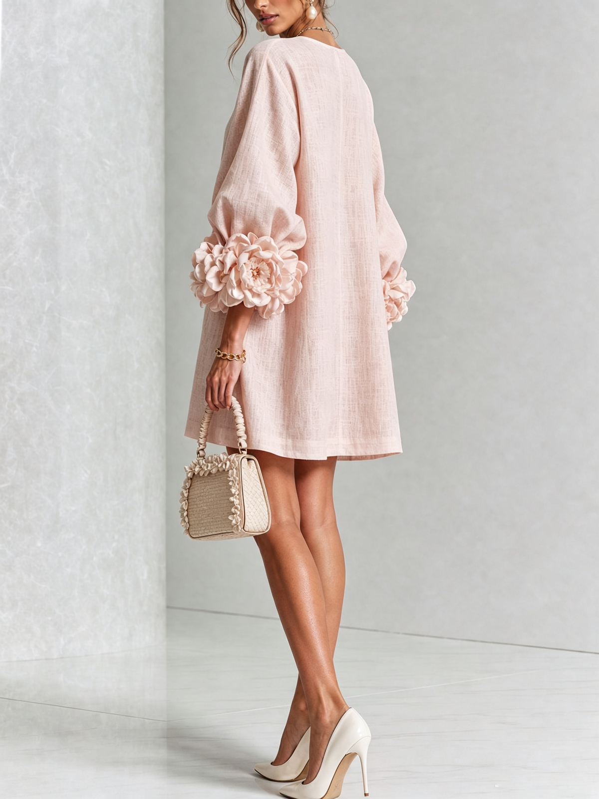 Noemi | Vestido Mini de Lino Mezclado con Puños de Rosa, Rosa