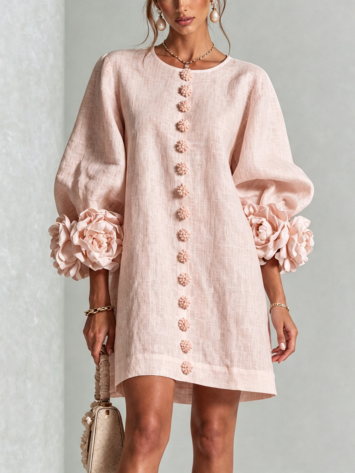 Noemi | Vestido Mini de Lino Mezclado con Puños de Rosa, Rosa