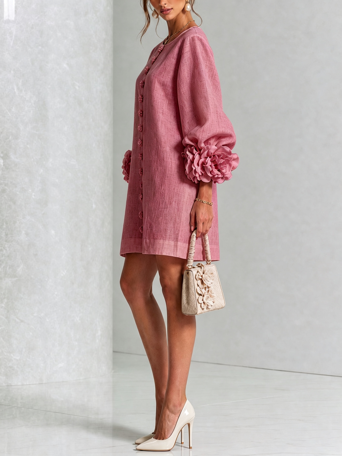 Alba | Vestido Mini de Lino Mezclado con Puños de Rosa, Rosa Palo
