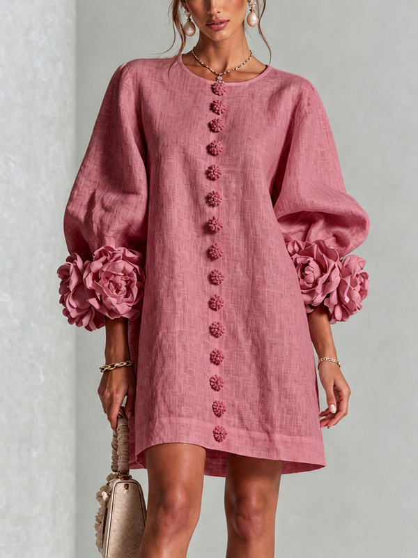 Alba | Vestido Mini de Lino Mezclado con Puños de Rosa, Rosa Palo