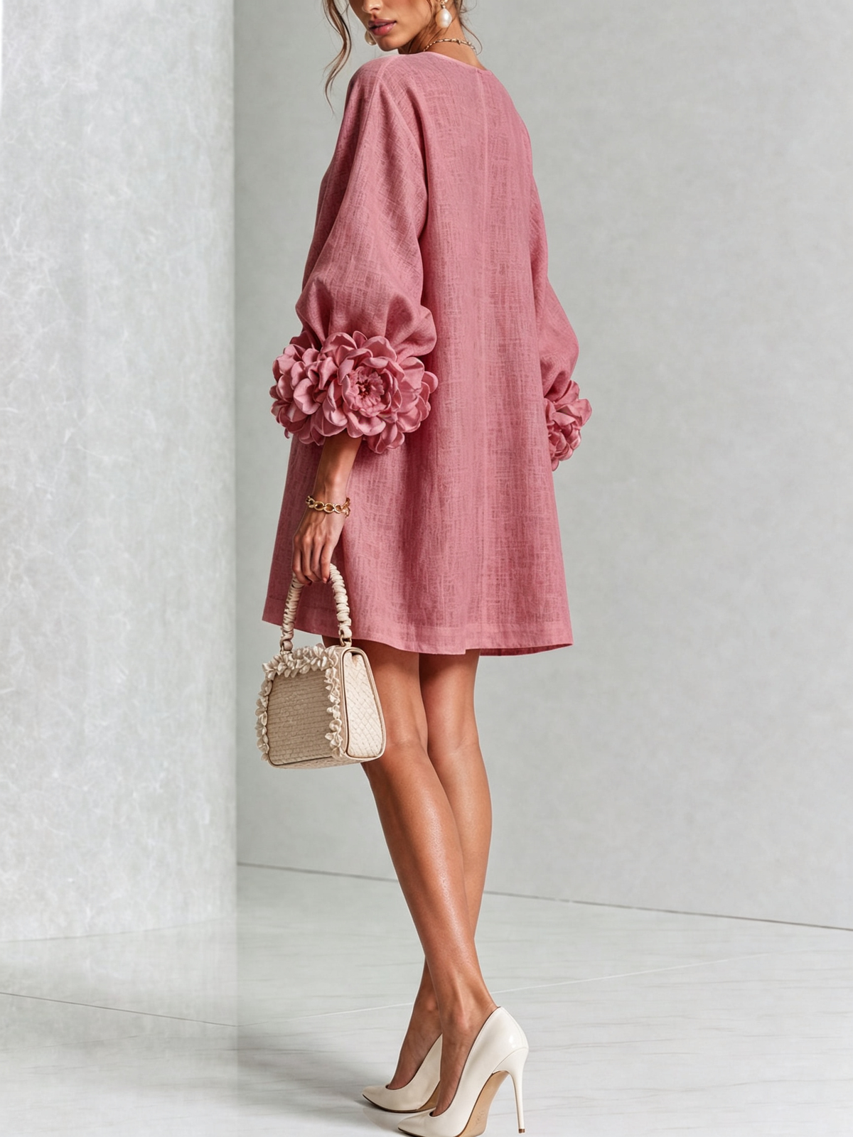 Alba | Vestido Mini de Lino Mezclado con Puños de Rosa, Rosa Palo