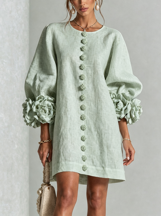 Delia | Vestido Mini de Lino Mezclado con Puños de Rosa, Verde Salvia