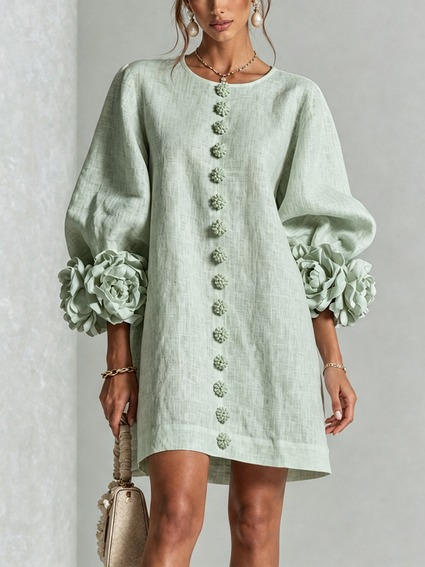 Delia | Vestido Mini de Lino Mezclado con Puños de Rosa, Verde Salvia