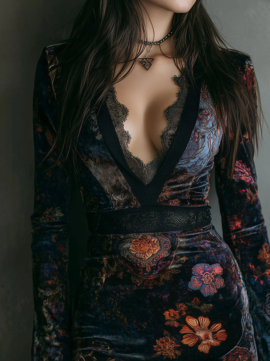 Mini Vestido Ajustado de Terciopelo con Encaje y Estampado Floral