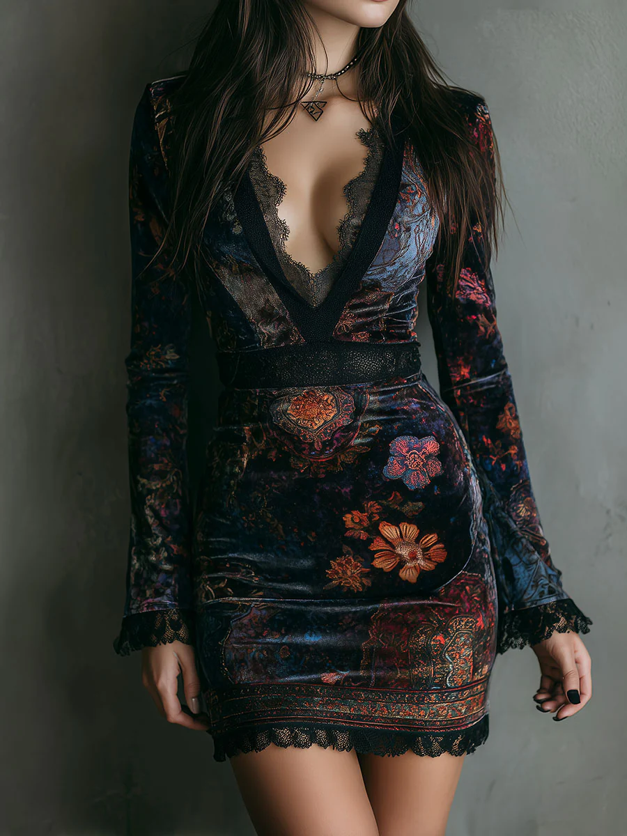 Mini Vestido Ajustado de Terciopelo con Encaje y Estampado Floral