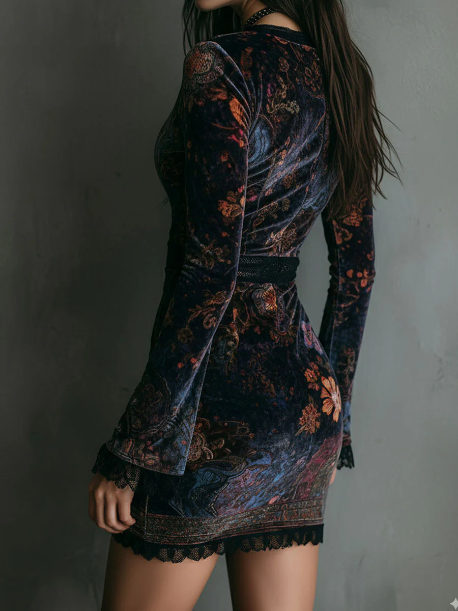 Mini Vestido Ajustado de Terciopelo con Encaje y Estampado Floral