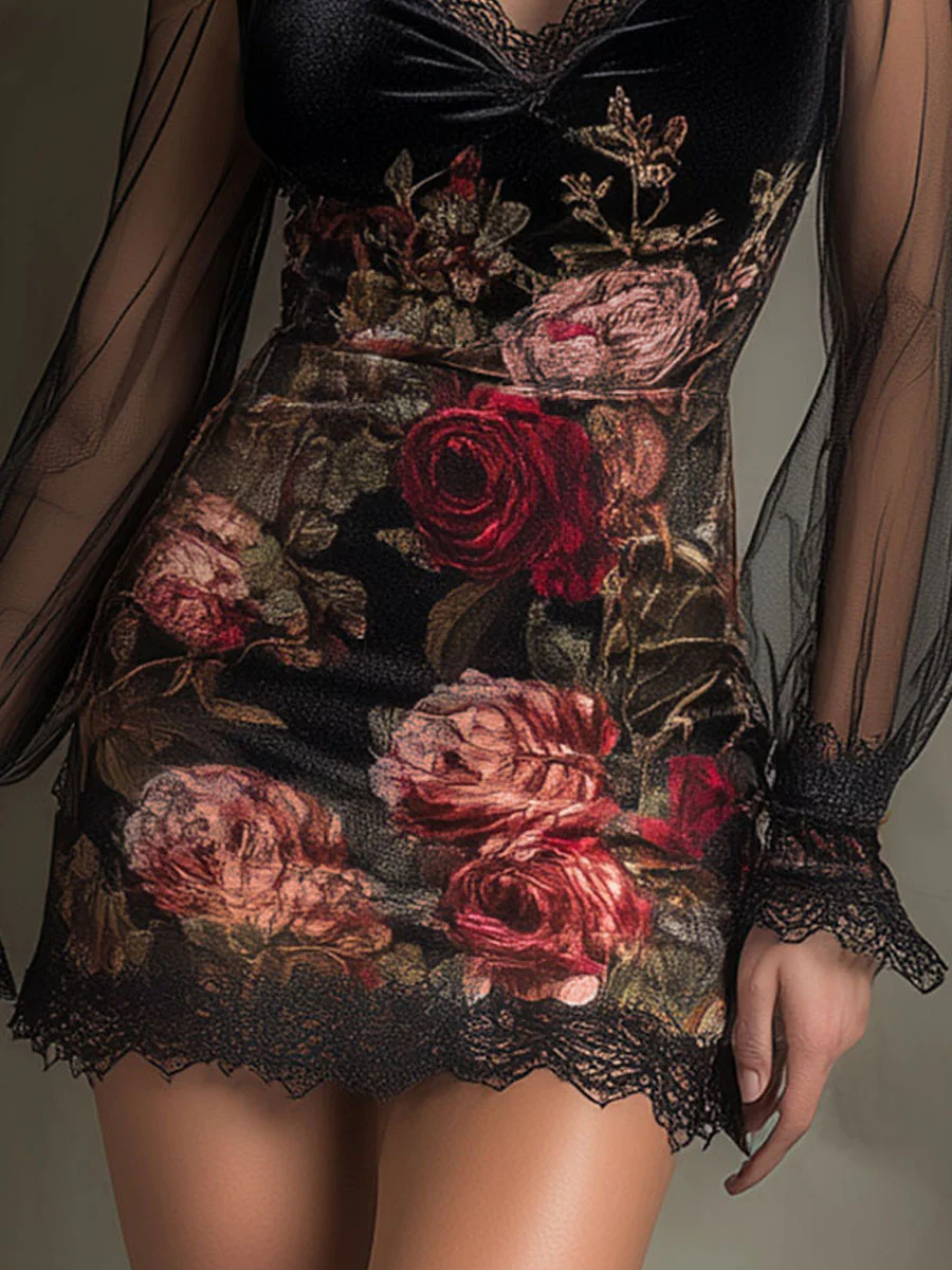 Mini Vestido de Tul con Estampado de Rosas y Encaje