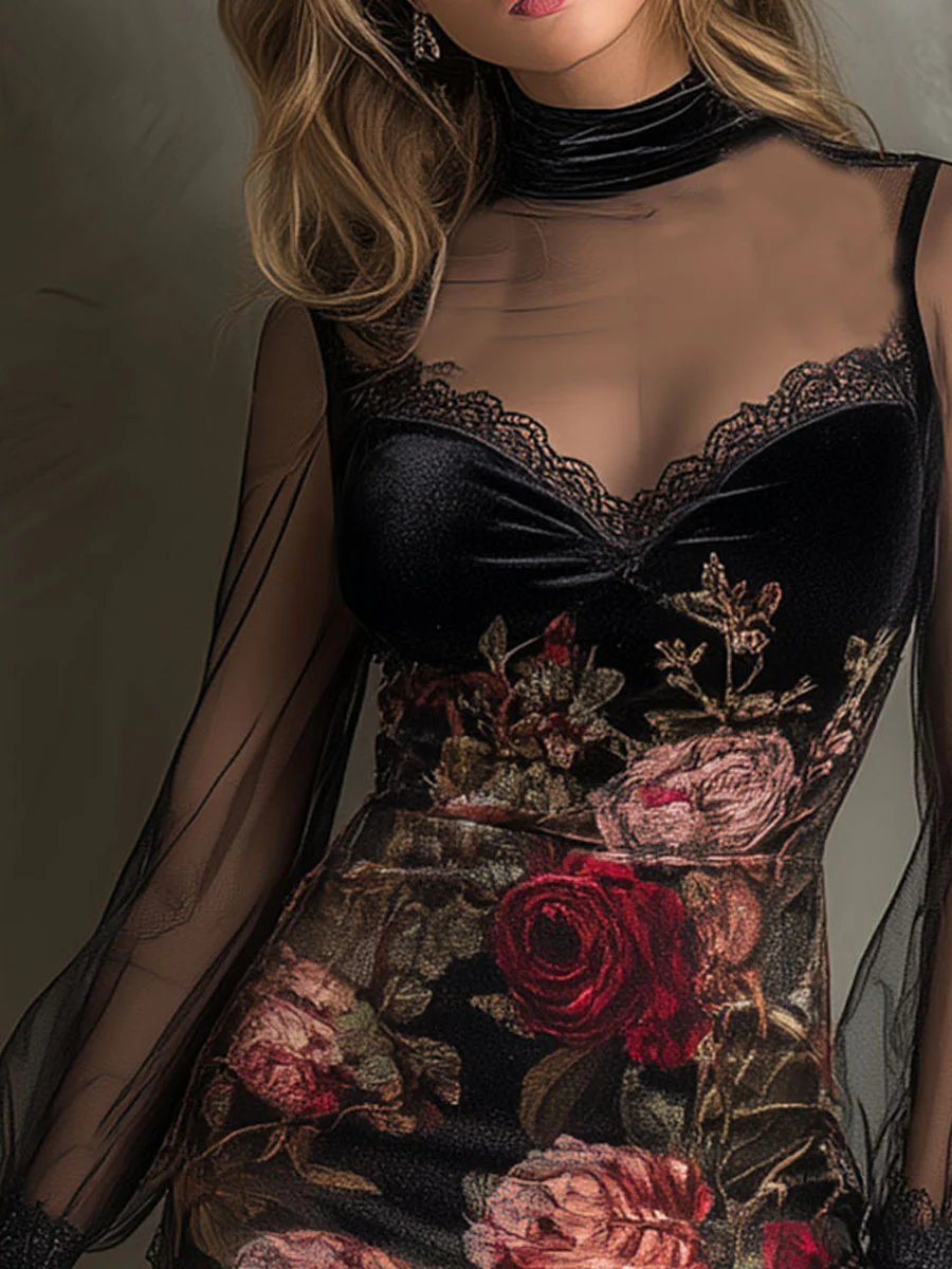 Mini Vestido de Tul con Estampado de Rosas y Encaje