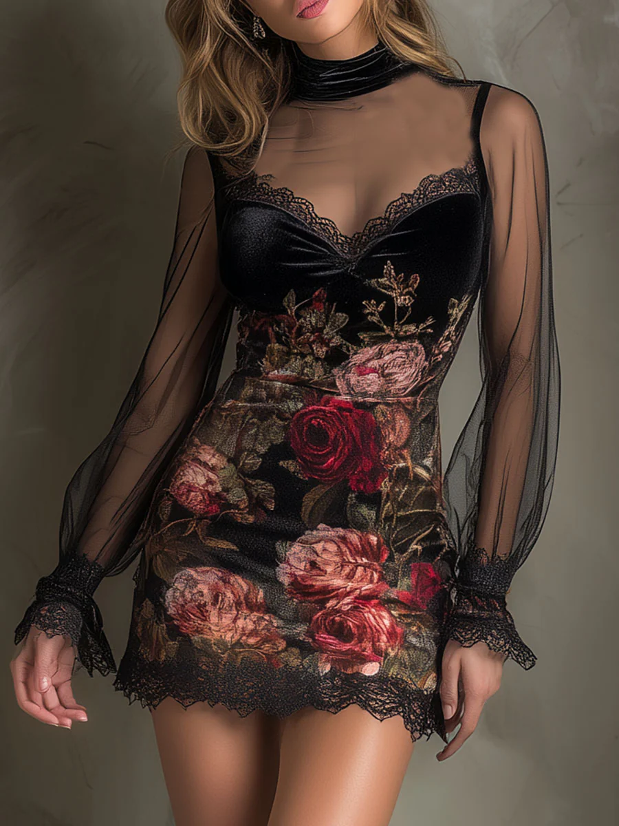 Mini Vestido de Tul con Estampado de Rosas y Encaje