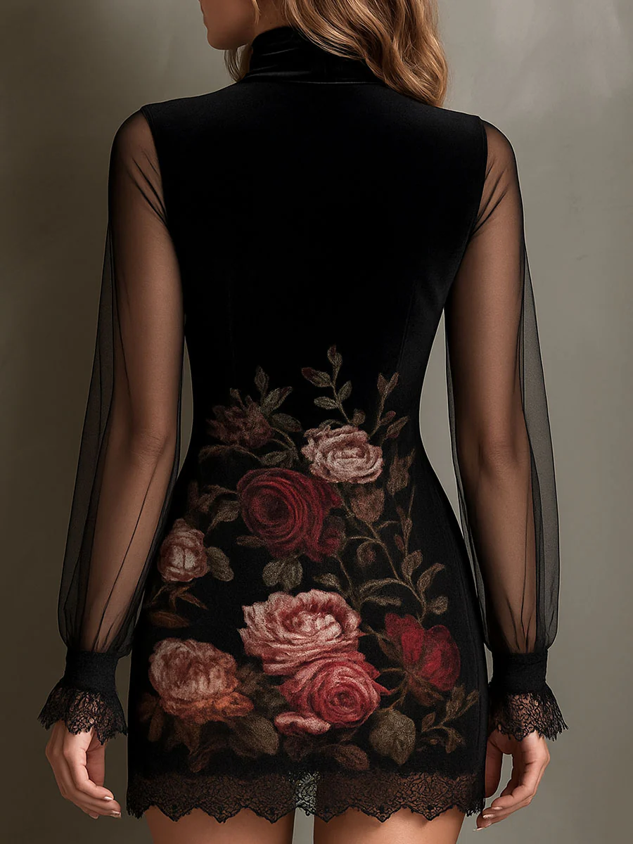 Mini Vestido de Tul con Estampado de Rosas y Encaje