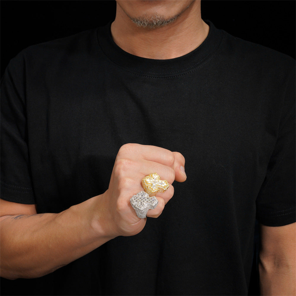 Anillo Cruz Celta Baguettes VVS Moissanite + Plata 925 Oro Blanco