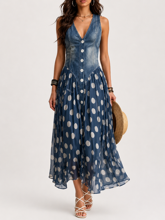 Alba Vestido Efecto Vaquero Elegante con Falda de Chifón de Lunares