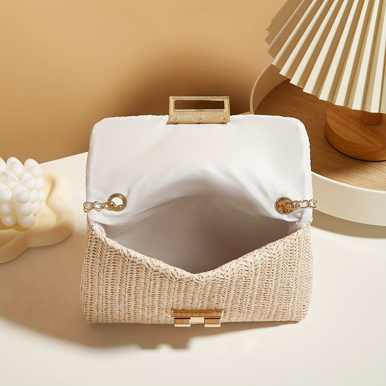 Domiziana | Bolso Bandolera Cuadrado de Paja Trenzada - Arena Claro