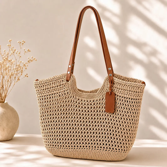 Alina | Bolso Shopper Trenzado a Mano a Ganchillo - Beige Claro